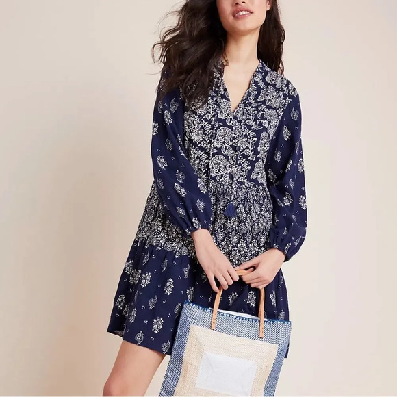 Anthropologie Maeve Carlita Tiered Tunic Dress Mixed Floral Print Tassels Medium - Picture 1 of 12